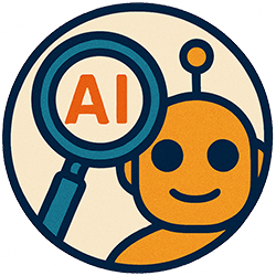 Tecknad orange robot med ett förstoringsglas märkt AI mot beige bakgrund.